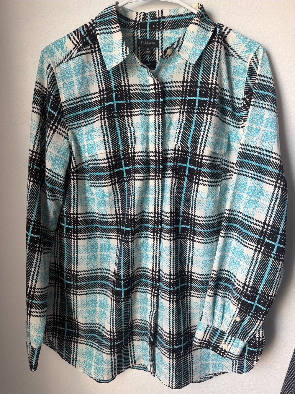 Talbots Blue, Black and White Plaid Button-Down Shirt